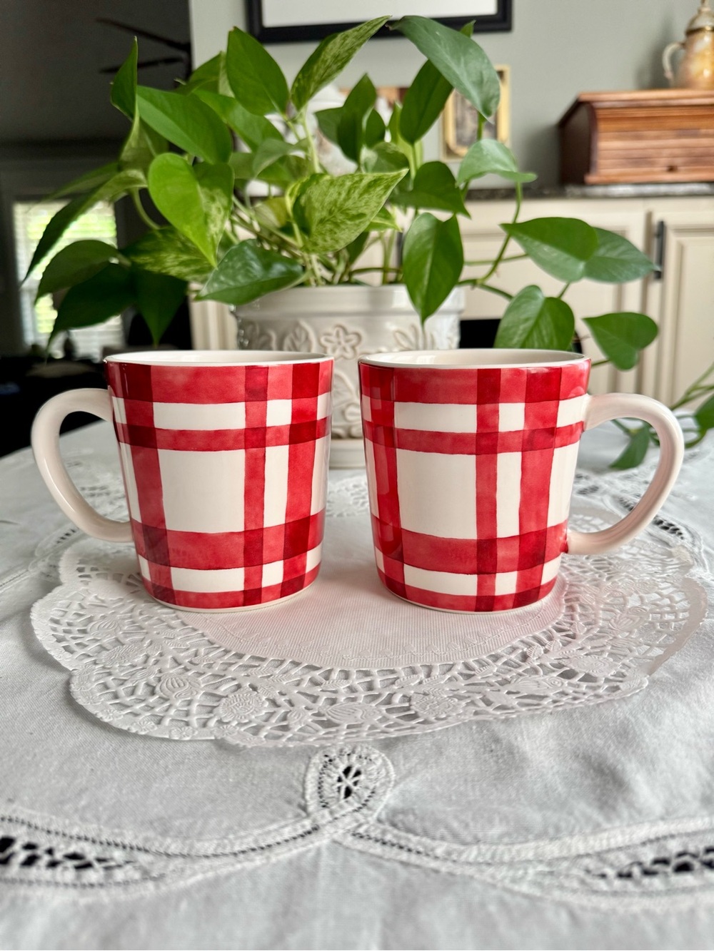 Kirkland Red Plaid Ceramic Mugs - Set of 2 14 ozs